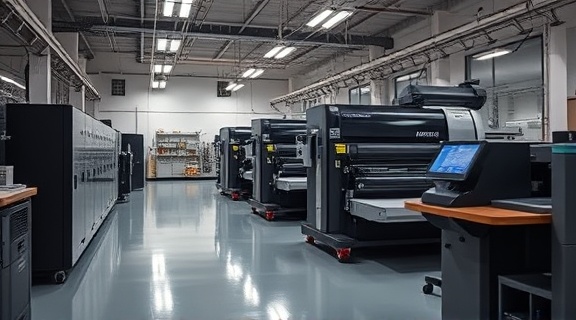 innovative flexographic printer, adapting to new technologies, redefining capabilities, photorealistic, spacious and futuristic production room, highly detailed, digital control interfaces, 24mm lens, unexpected color accents, soft accent lighting, shot with a Sony A9 II