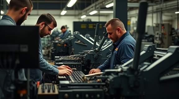 meticulous flexographic maintenance, technicians collaborating, ensuring reliability, photorealistic, a workshop filled with complex machinery and tools, highly detailed, teamwork dynamics, 85mm lens, warm earthy tones, indirect natural lighting, shot with a Canon EOS R5