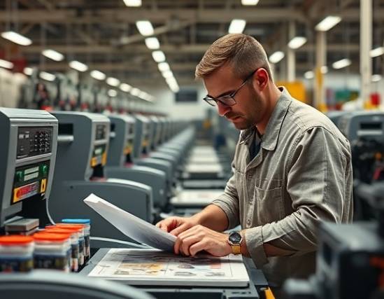 experienced flexographic technician, focused and diligent, inspecting printing plates, photorealistic, bustling workshop filled with printing machines, highly detailed, ink cartridges and control panels, 85mm lens, vibrant colors, soft ambient lighting, shot with a Nikon D850