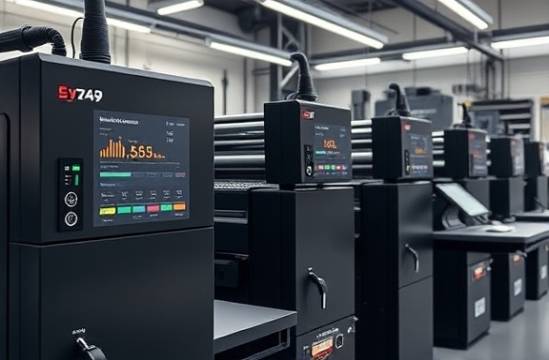 high-end flexographic equipment, innovative design, syncing with modern technology, photorealistic, a clean and ergonomic studio environment, highly detailed, digital screens displaying performance metrics, 35mm lens, sleek black finish, bright yet diffused lighting, shot with a Sony A7 III