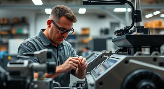 focused flexographic technician, meticulously adjusting settings, fine-tuning equipment, photorealistic, brightly-lit tech room with modern decor, highly detailed, lights reflecting off the polished surfaces, 50mm lens, cool metallic tones, even LED lighting, shot with a Fujifilm X-T4