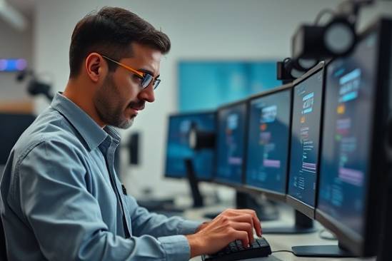 professional flexographic technician, calmly troubleshooting, diagnosing issues, photorealistic, tech-savvy office with an array of monitors, highly detailed, error indicators on displays, 35mm lens, neutral palette with bright focal points, mixed lighting, shot with a Canon EOS 90D