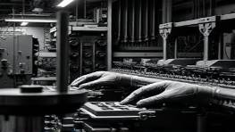 skilled flexographic maintenance, carefully orchestrating technical repairs, ensuring functionality, photorealistic, engineered environment filled with specialized instruments, highly detailed, coordinated movement and precision, 85mm lens, monochrome settings with vivid details, ambient soft lighting, shot with a Sony Alpha 1