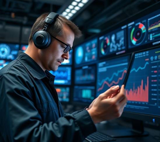 expert flexographic technician, analyzing performance metrics, optimizing results, photorealistic, tech hub with integrated systems and displays, highly detailed, graphs and figures illustrating data, 24mm lens, minimalist design with a technology theme, backlit displays, shot with a Panasonic S1R