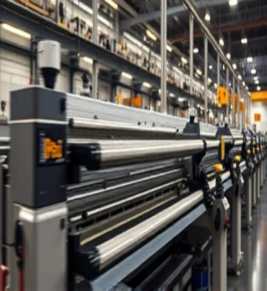 efficient flexographic machine, executing tasks rapidly, maintaining precision, photorealistic, automated section of a large production plant, highly detailed, speed and precision on display, 50mm lens, balanced colors with crisp highlights, orchestrated ambient lighting, shot with a Pentax K-1